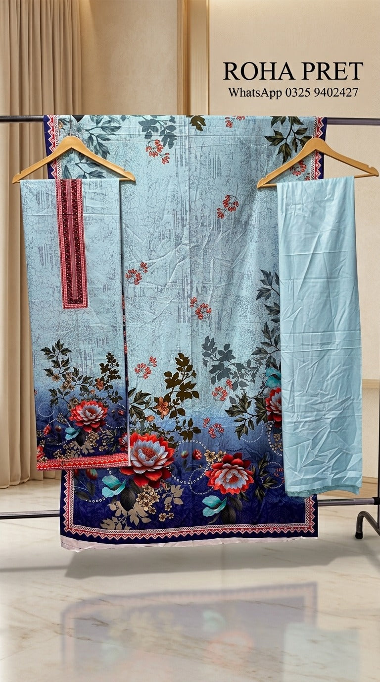 Sky Blue Floral Linen Suit – Pakistani 3-Piece Ensemble