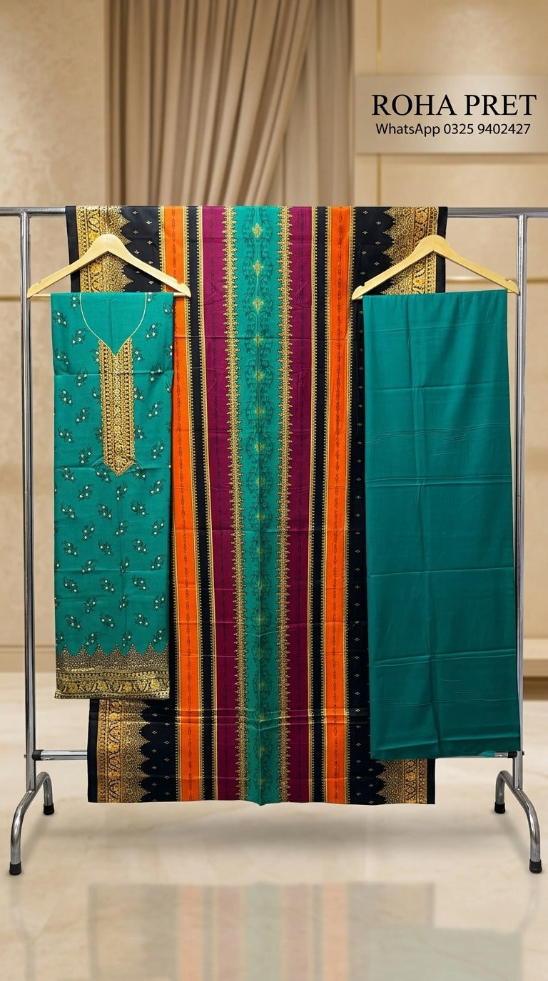 Teal Green Linen Kameez with Multi-Stripe Printed Dupatta