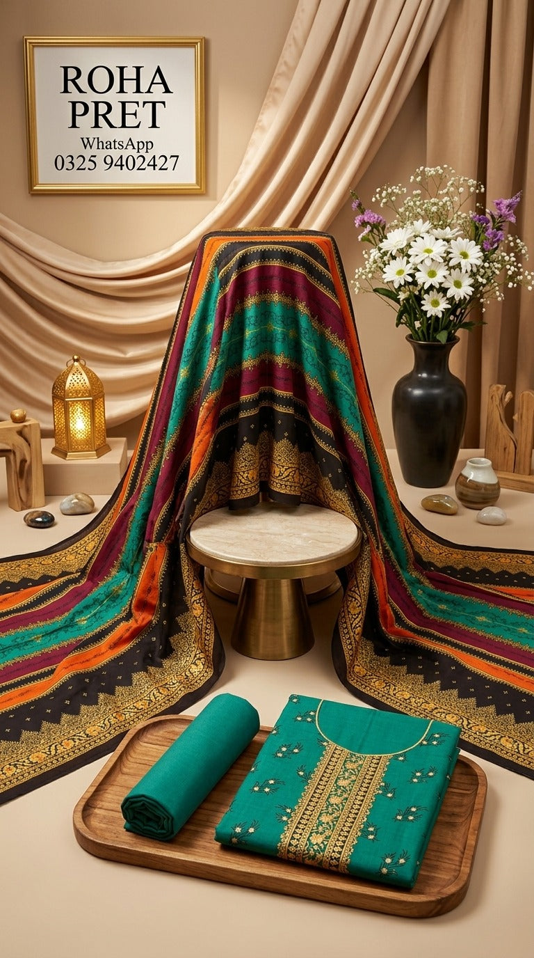 Teal Green Linen Kameez with Multi-Stripe Printed Dupatta