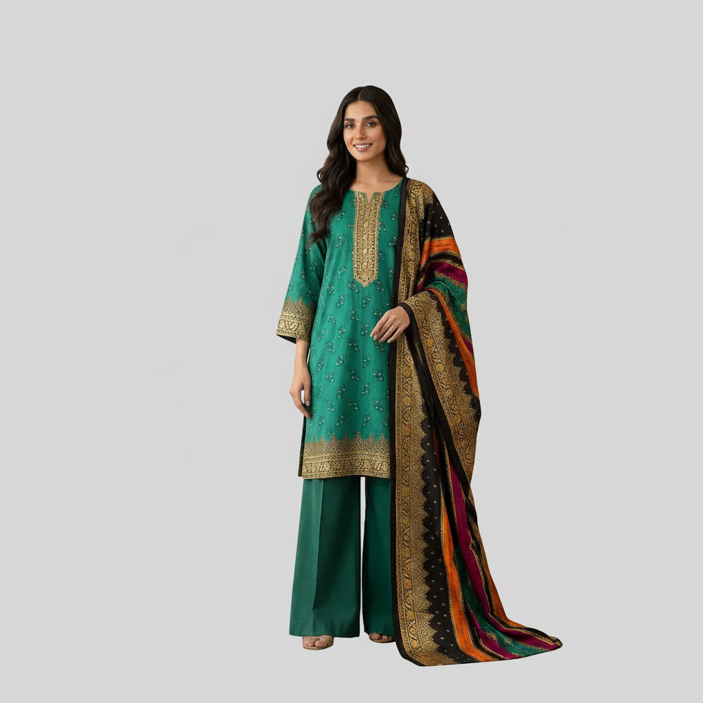 A woman models a traditional South Asian salwar kameez suit set. The set features a teal green kurta with gold embroidery, matching wide-leg trousers, and a vibrant multicolor dupatta with a prominent gold border.