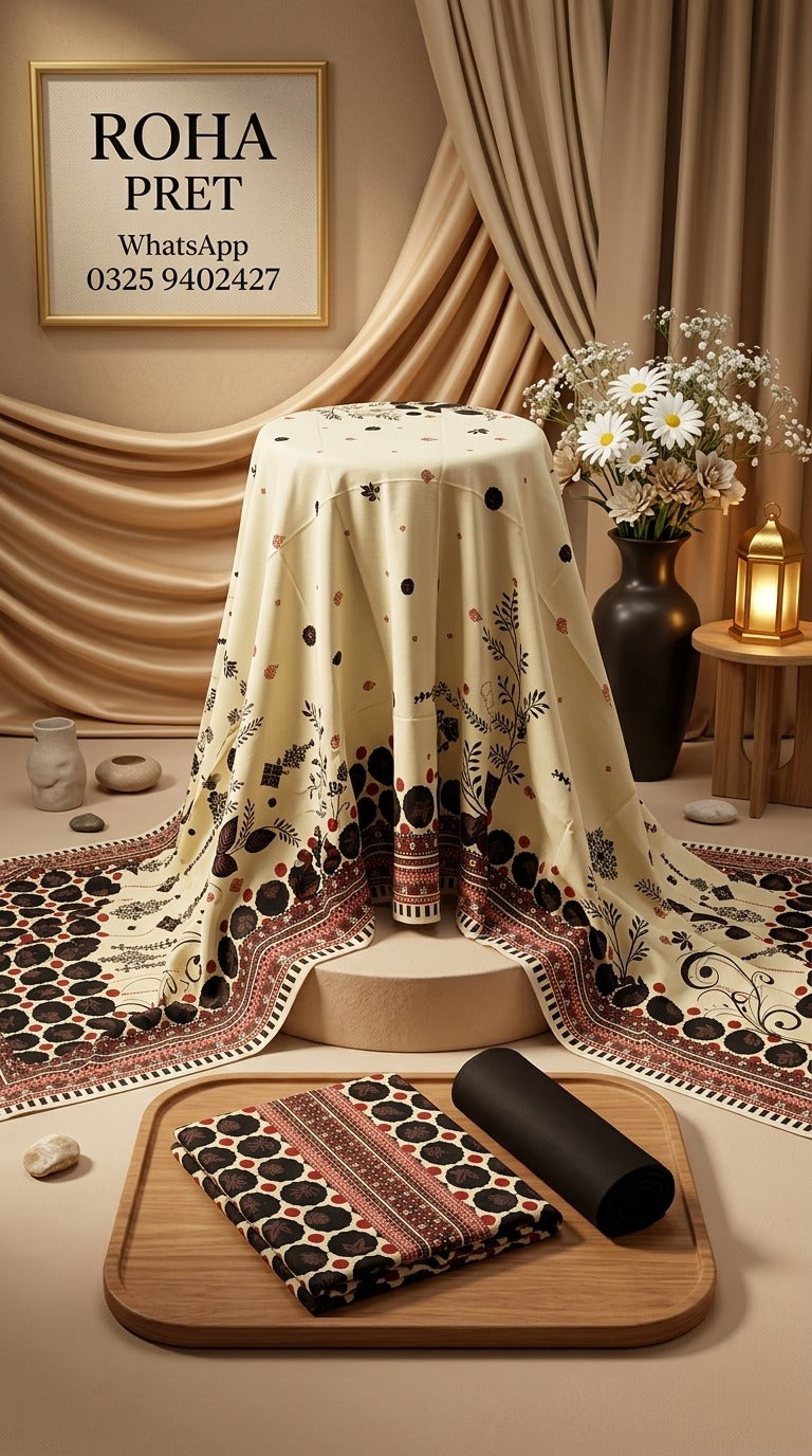Cream Printed Linen Suit with Black Trouser – Pakistani 3-Piece Ensemble