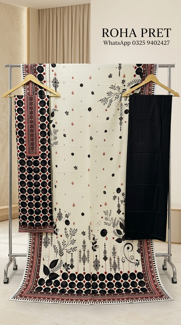 Cream Printed Linen Suit with Black Trouser – Pakistani 3-Piece Ensemble
