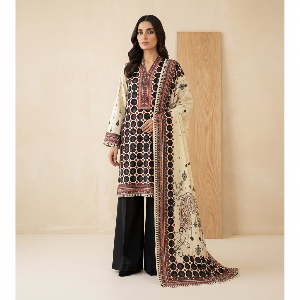 A woman models a traditional three-piece salwar kameez suit set. The set features an off-white/cream kurta and dupatta with black circular patterns and red borders, paired with wide-leg black trousers.