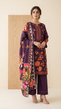 Royal Plum Floral Printed Linen 3-Piece Unstitched Suit