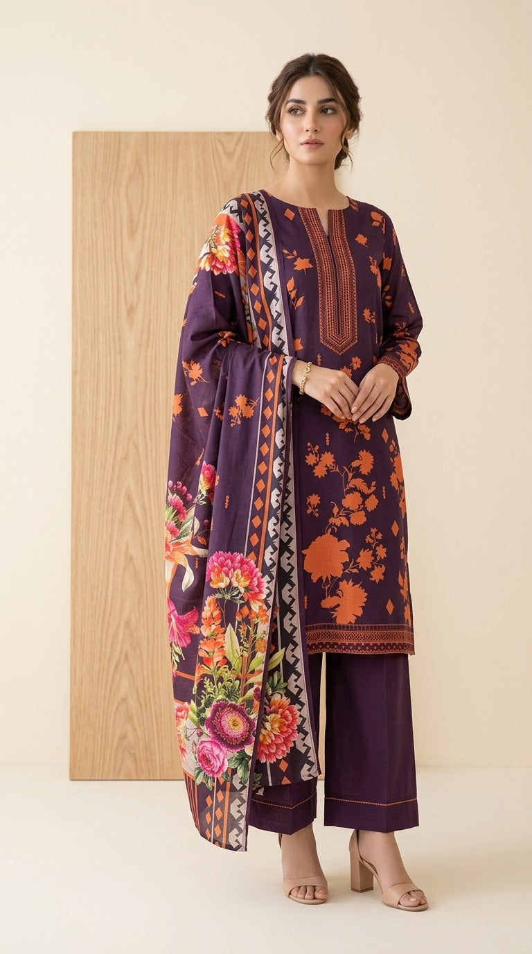 Royal Plum Floral Printed Linen 3-Piece Unstitched Suit
