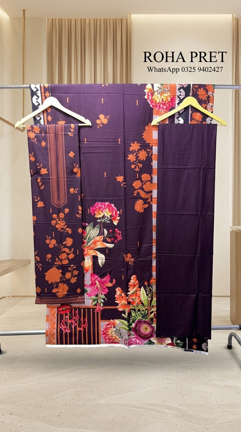 Royal Plum Floral Printed Linen 3-Piece Unstitched Suit