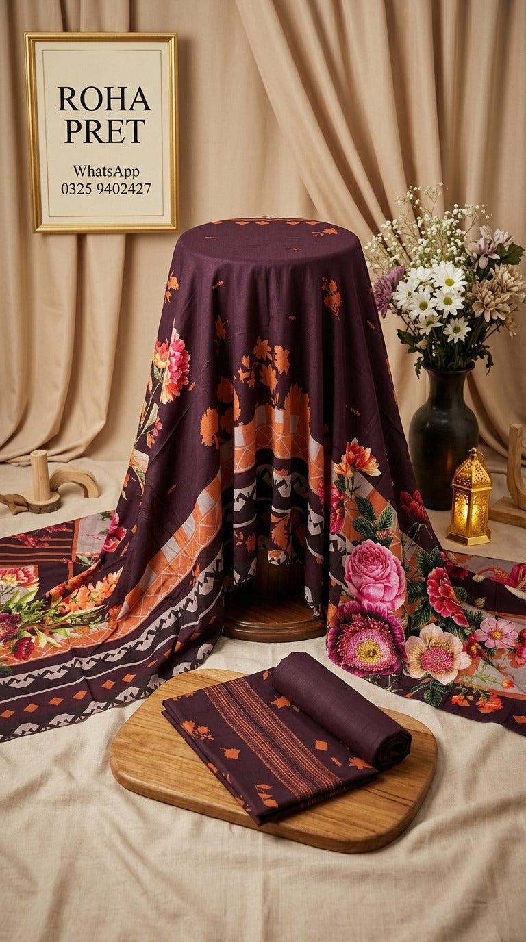 Royal Plum Floral Printed Linen 3-Piece Unstitched Suit