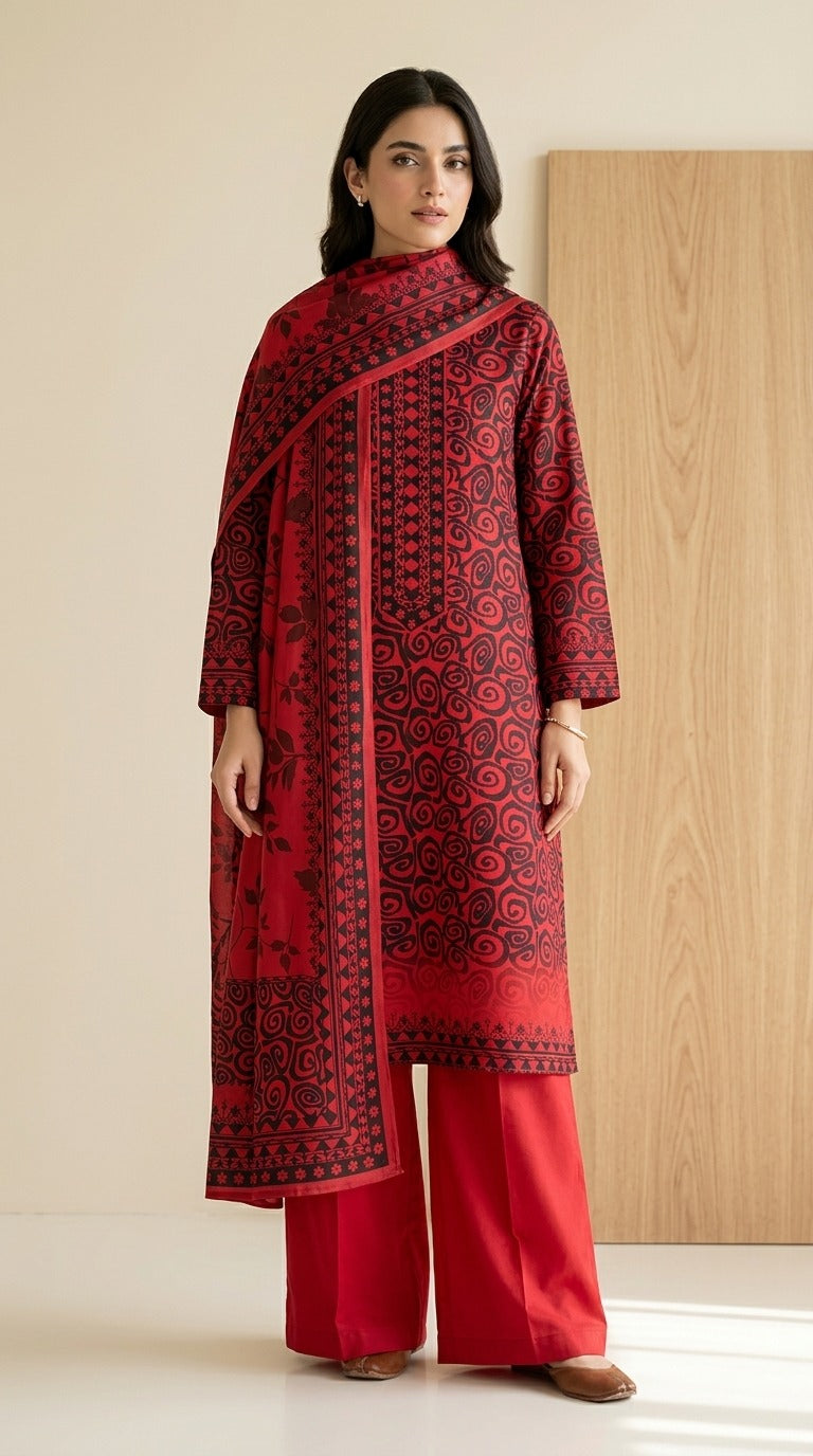 Red Printed Linen Suit – Pakistani 3-Piece Ensemble
