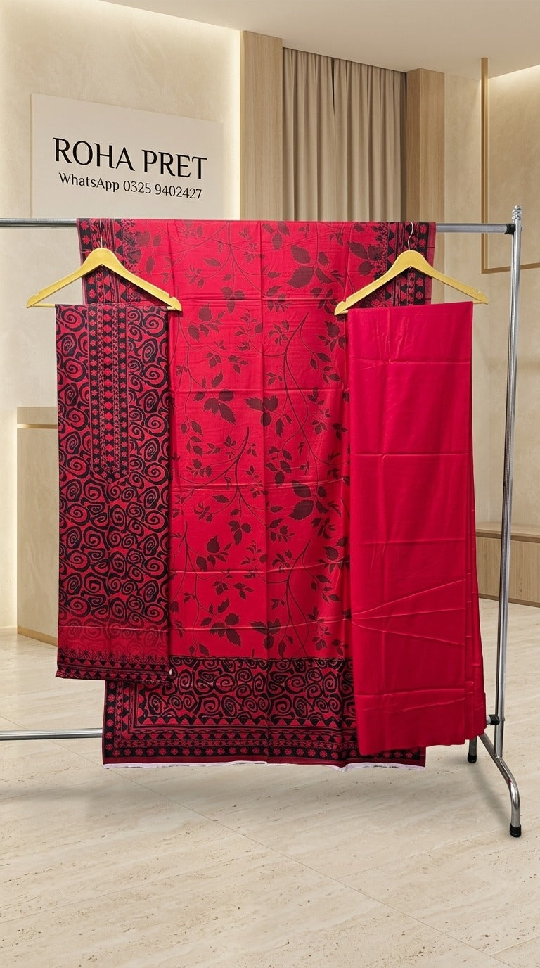 Red Printed Linen Suit – Pakistani 3-Piece Ensemble
