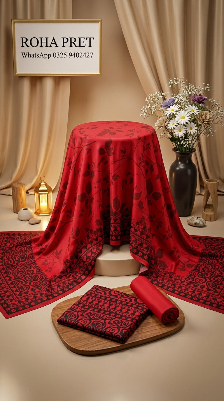 Red Printed Linen Suit – Pakistani 3-Piece Ensemble