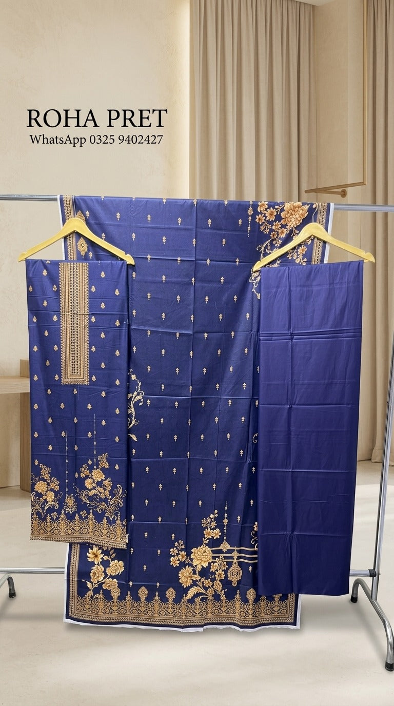 Royal Navy Gold Luxury Digital Print Unstitched Linen Suit (3-Piece)