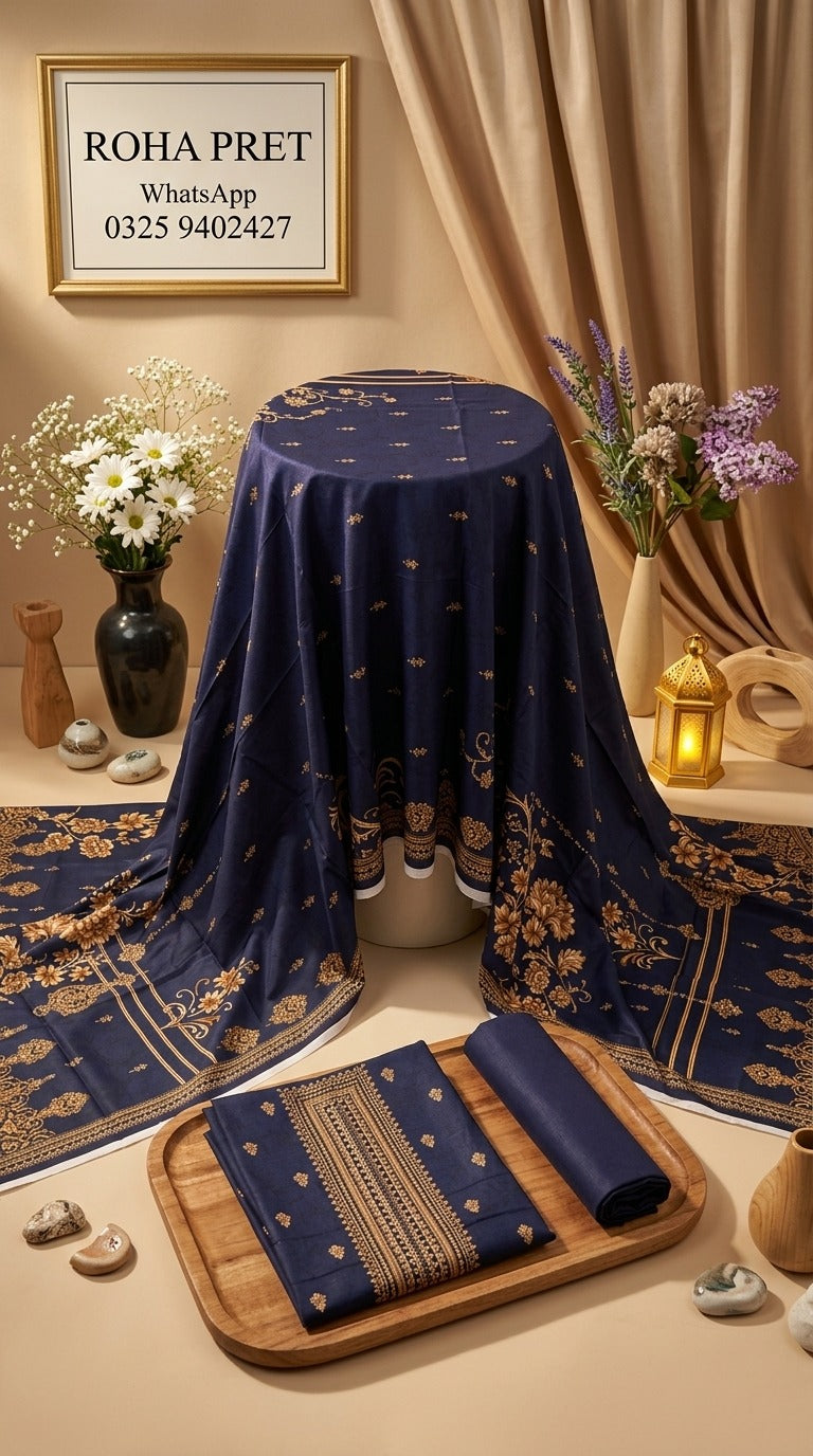 Royal Navy Gold Luxury Digital Print Unstitched Linen Suit (3-Piece)