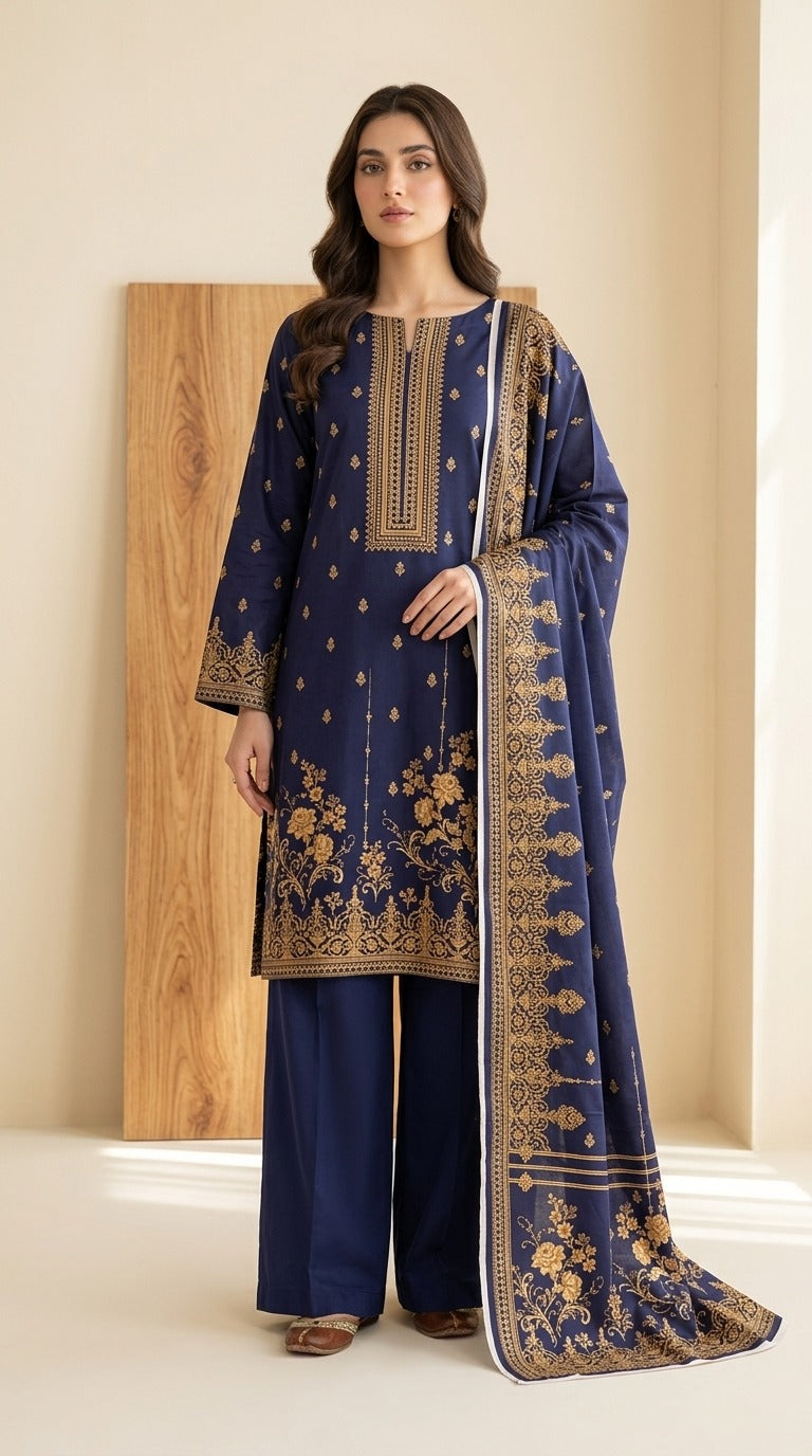 Royal Navy Gold Luxury Digital Print Unstitched Linen Suit (3-Piece)