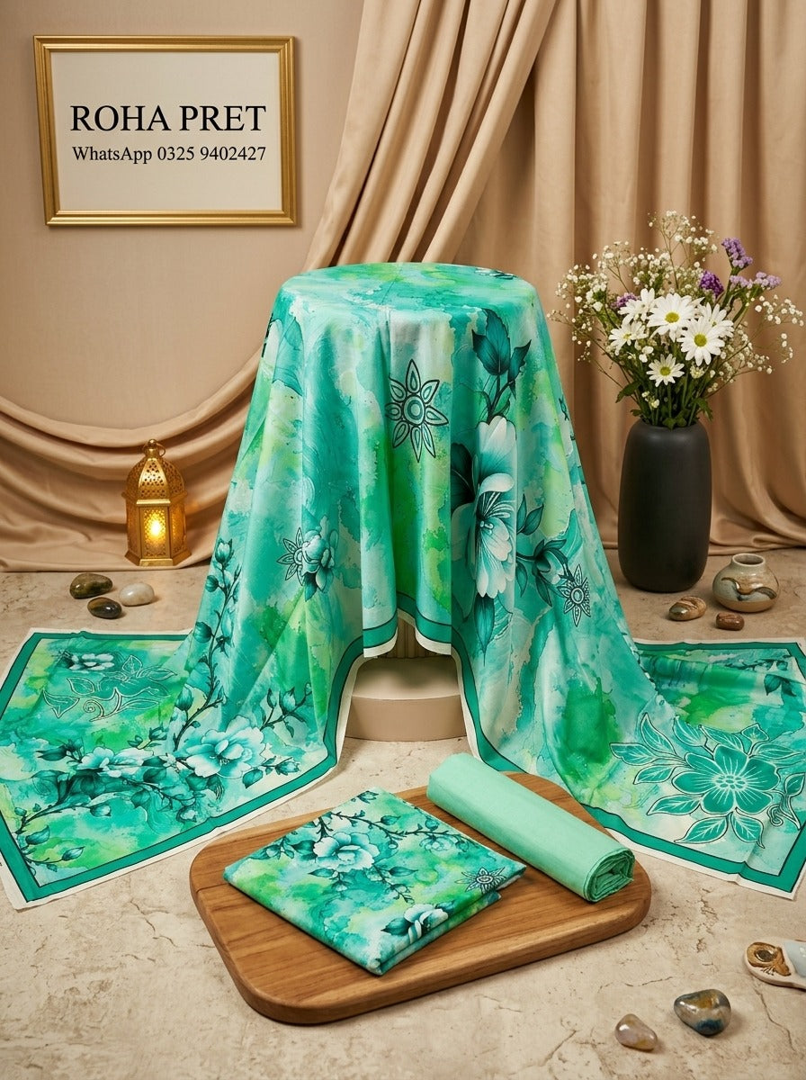 Luxury Aqua Bloom Digital Print Unstitched Linen Suit (3-Piece)