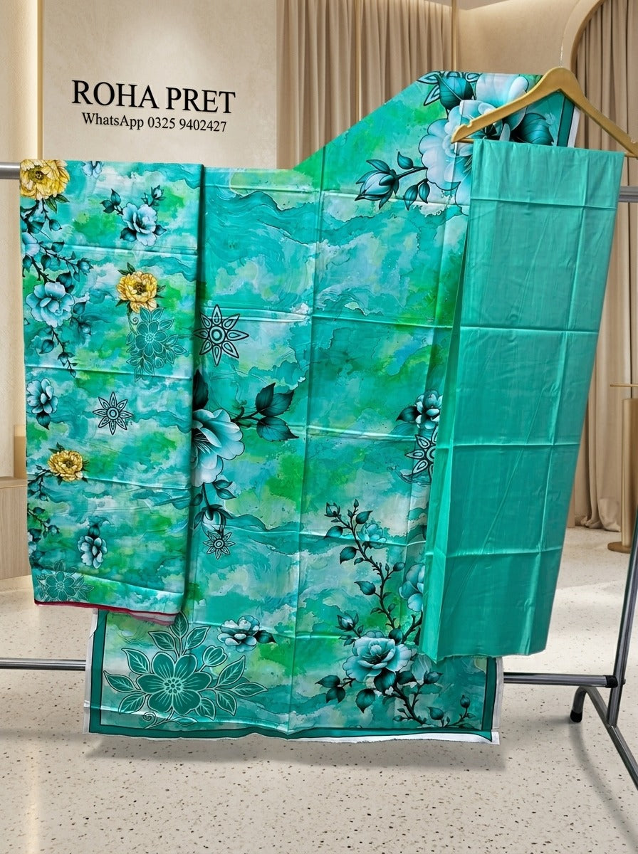 Luxury Aqua Bloom Digital Print Unstitched Linen Suit (3-Piece)