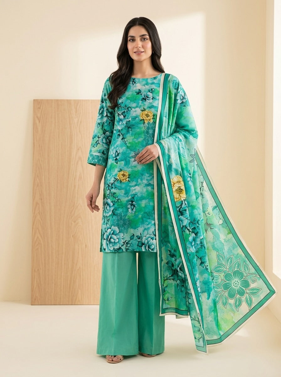 Luxury Aqua Bloom Digital Print Unstitched Linen Suit (3-Piece)
