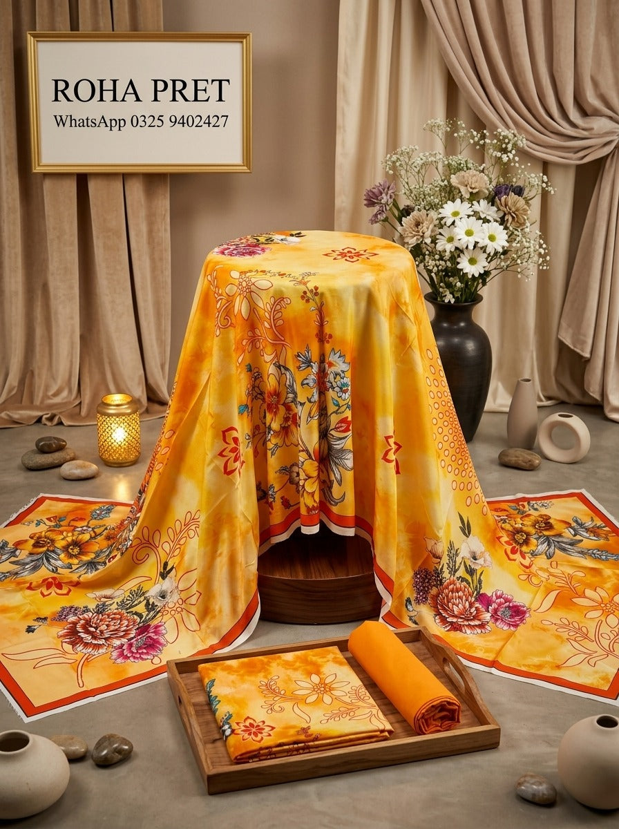Marigold Bloom Luxury Digital Print Unstitched Linen Suit (3-Piece)