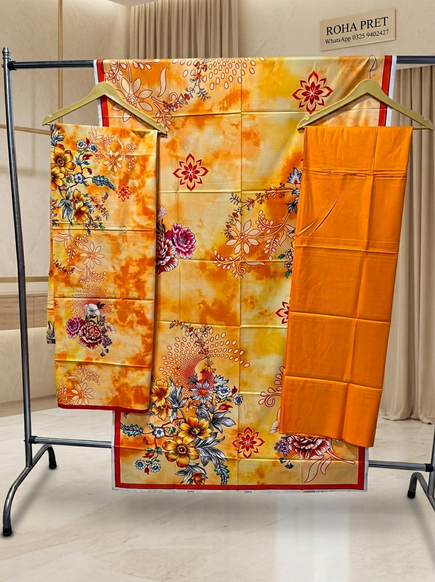 Marigold Bloom Luxury Digital Print Unstitched Linen Suit (3-Piece)