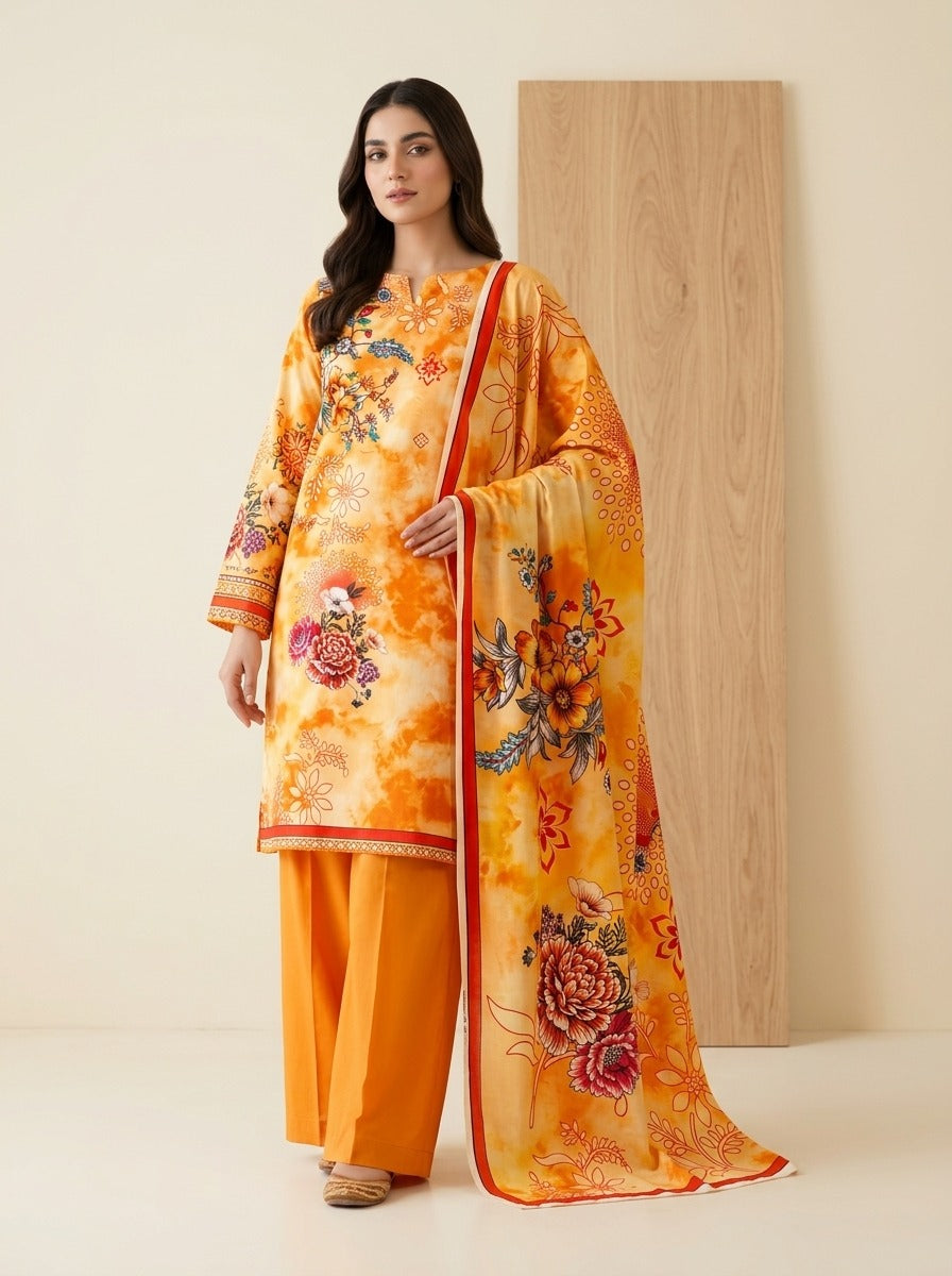 Marigold Bloom Luxury Digital Print Unstitched Linen Suit (3-Piece)