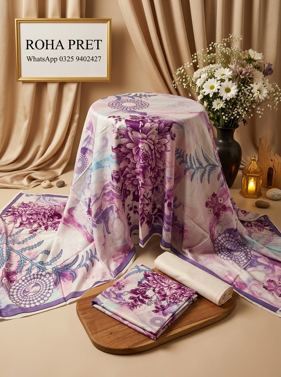 Lilac Orchid Luxury Digital Print Unstitched Linen Suit (3-Piece)