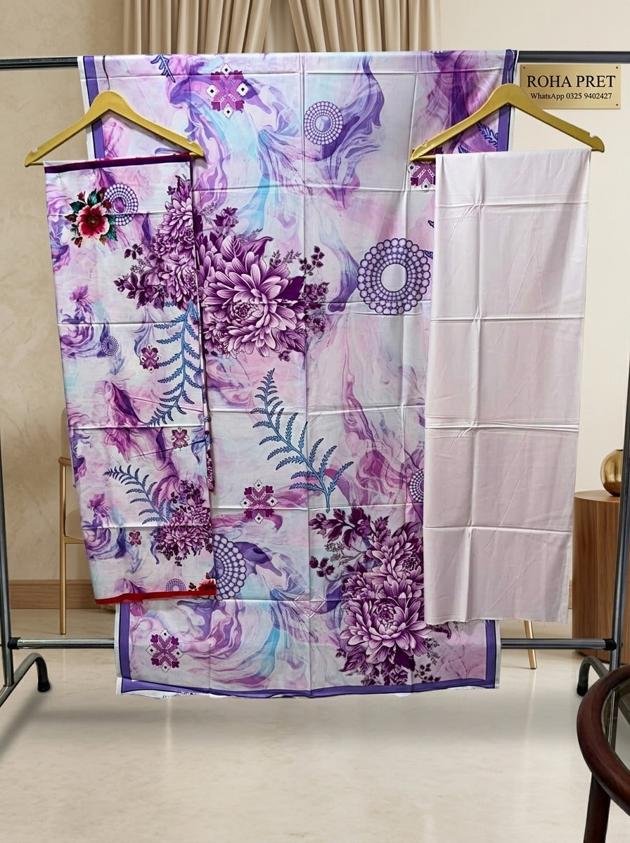 Lilac Orchid Luxury Digital Print Unstitched Linen Suit (3-Piece)