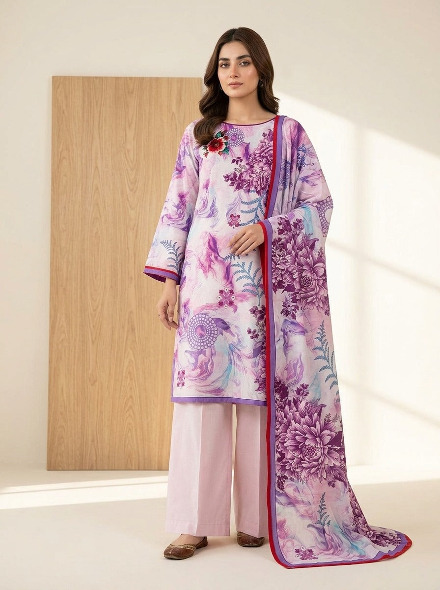 Lilac Orchid Luxury Digital Print Unstitched Linen Suit (3-Piece)