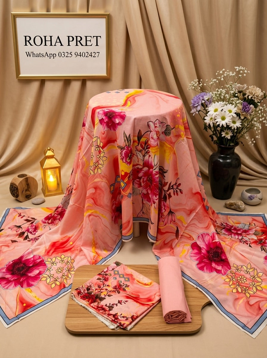 Coral Blossom Luxury Digital Print Unstitched Linen Suit (3-Piece)