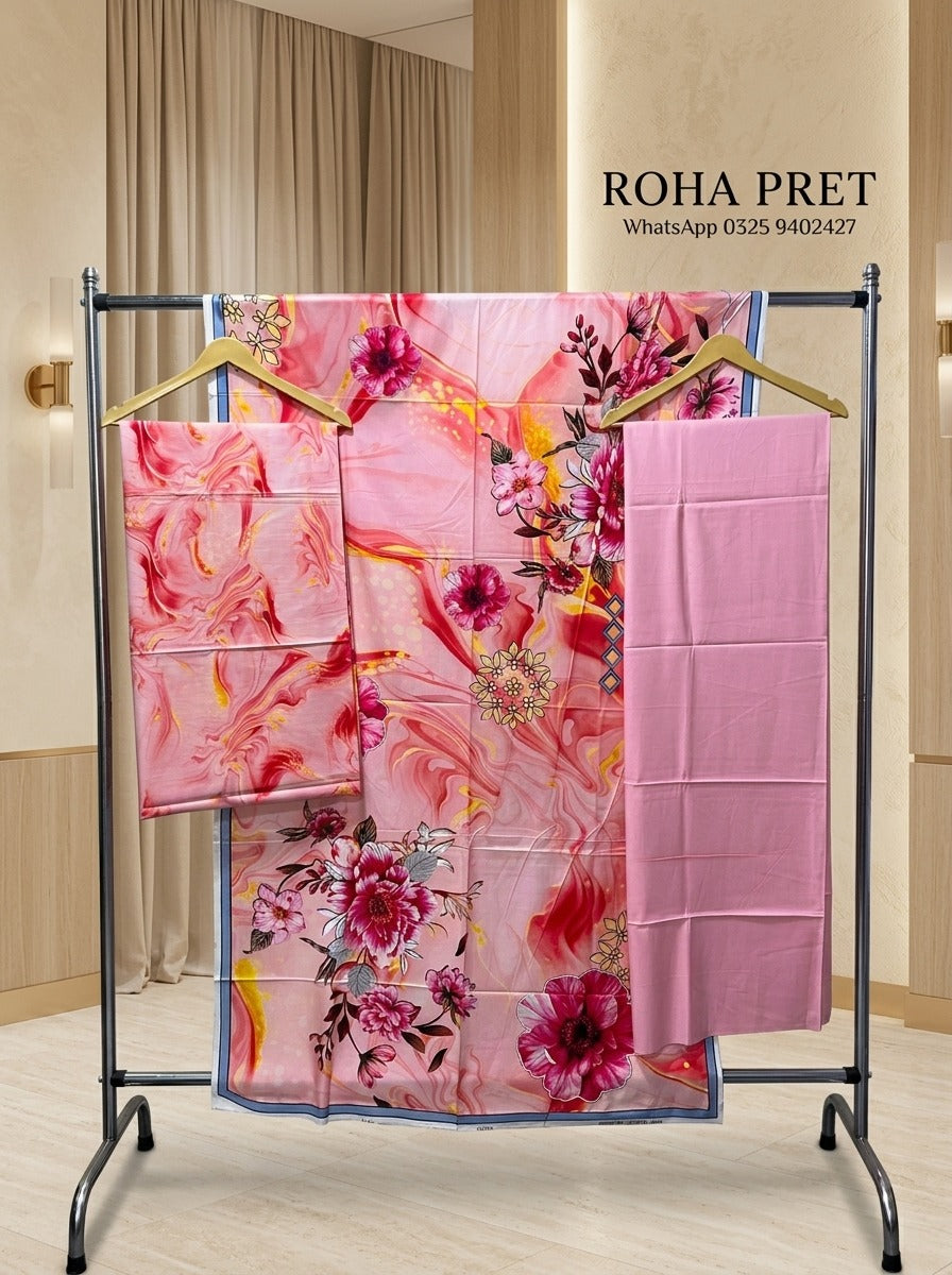 Coral Blossom Luxury Digital Print Unstitched Linen Suit (3-Piece)