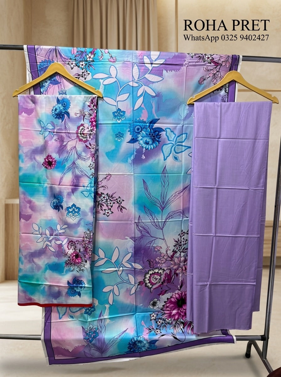 Aqua Lilac Luxury Digital Print Unstitched Linen Suit (3-Piece)