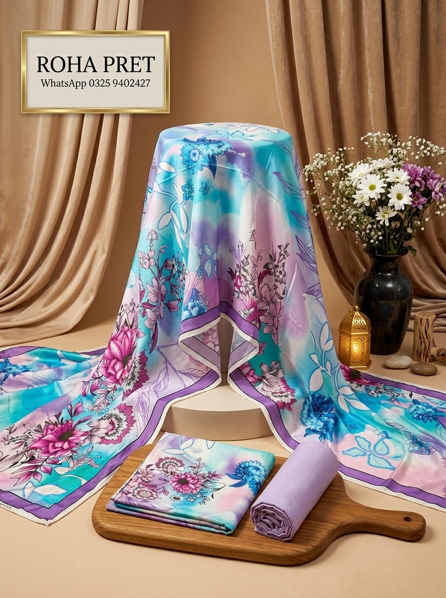 Aqua Lilac Luxury Digital Print Unstitched Linen Suit (3-Piece)