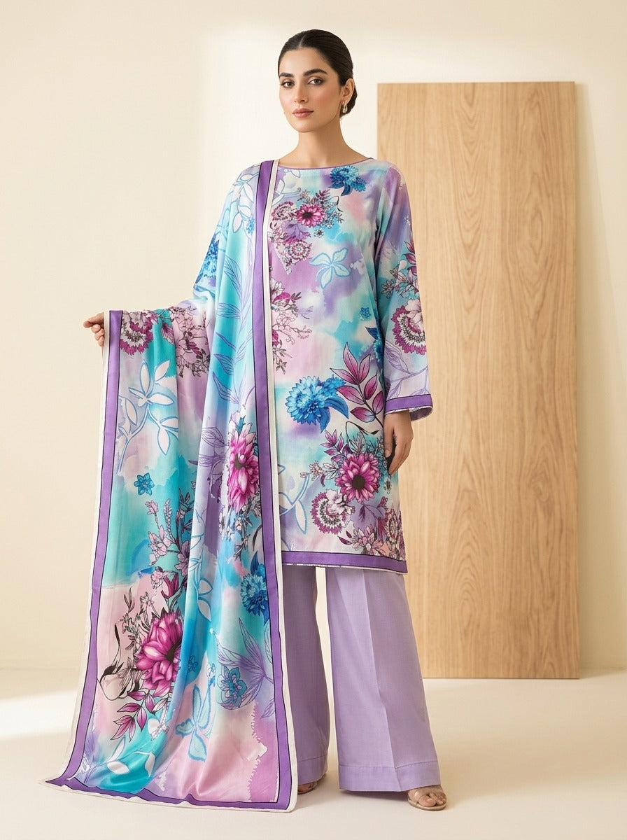 Aqua Lilac Luxury Digital Print Unstitched Linen Suit (3-Piece)