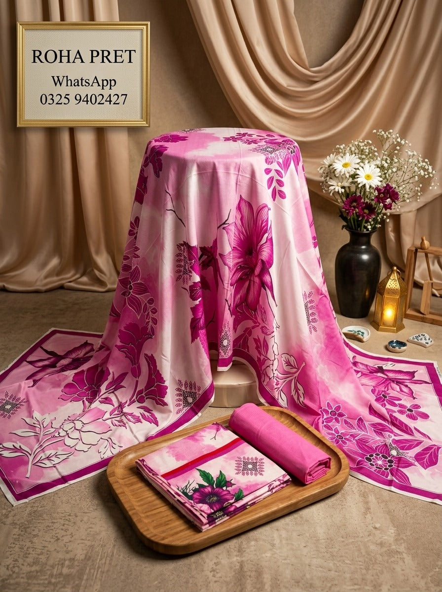 Magenta Bloom Luxury Digital Print Unstitched Linen Suit (3-Piece)