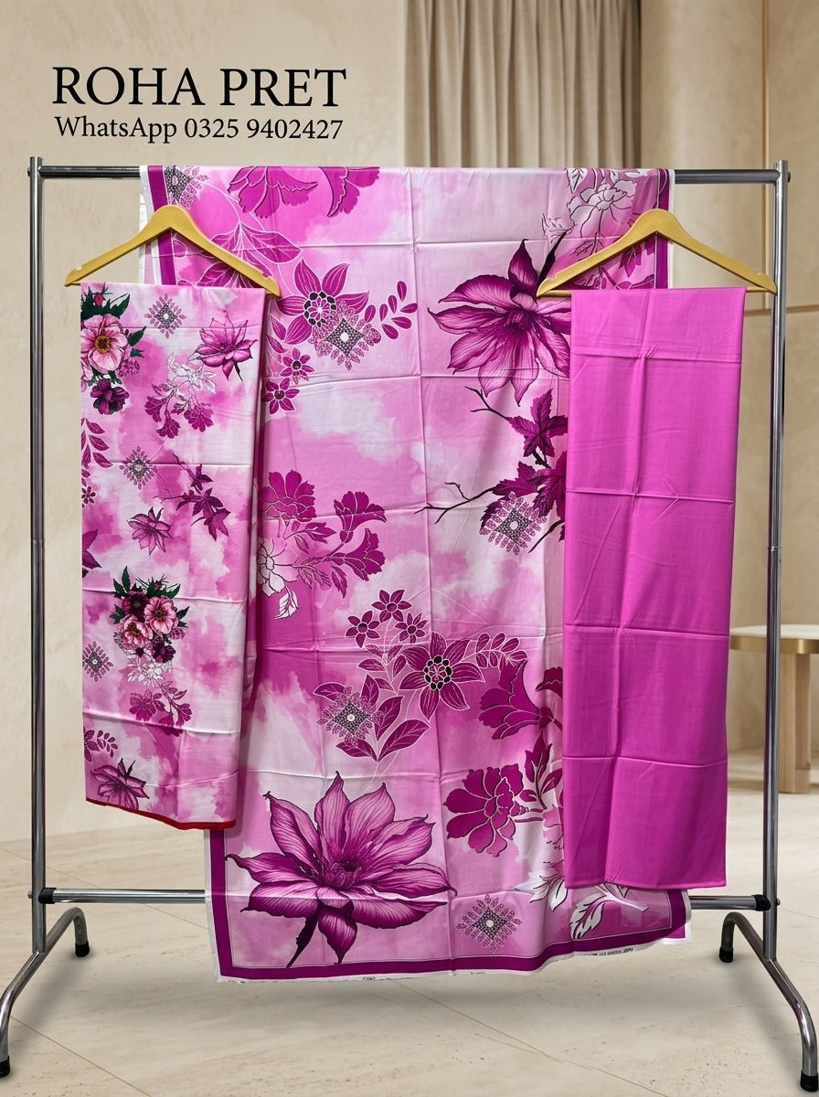 Magenta Bloom Luxury Digital Print Unstitched Linen Suit (3-Piece)