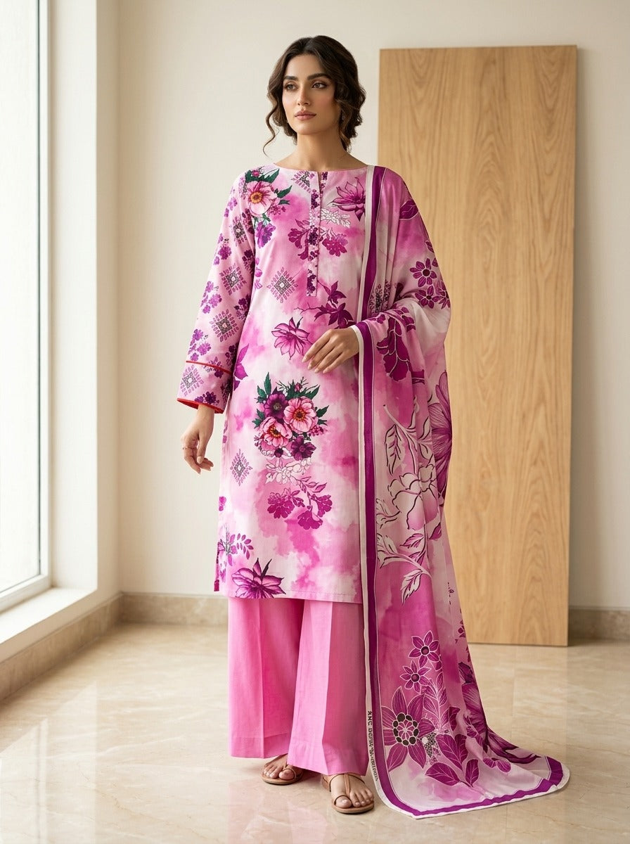 Magenta Bloom Luxury Digital Print Unstitched Linen Suit (3-Piece)