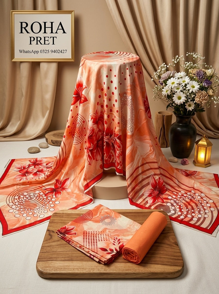 Coral Sunset Luxury Digital Print Unstitched Linen Suit (3-Piece)