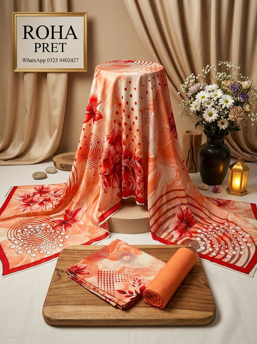 Coral Sunset Luxury Digital Print Unstitched Linen Suit (3-Piece)