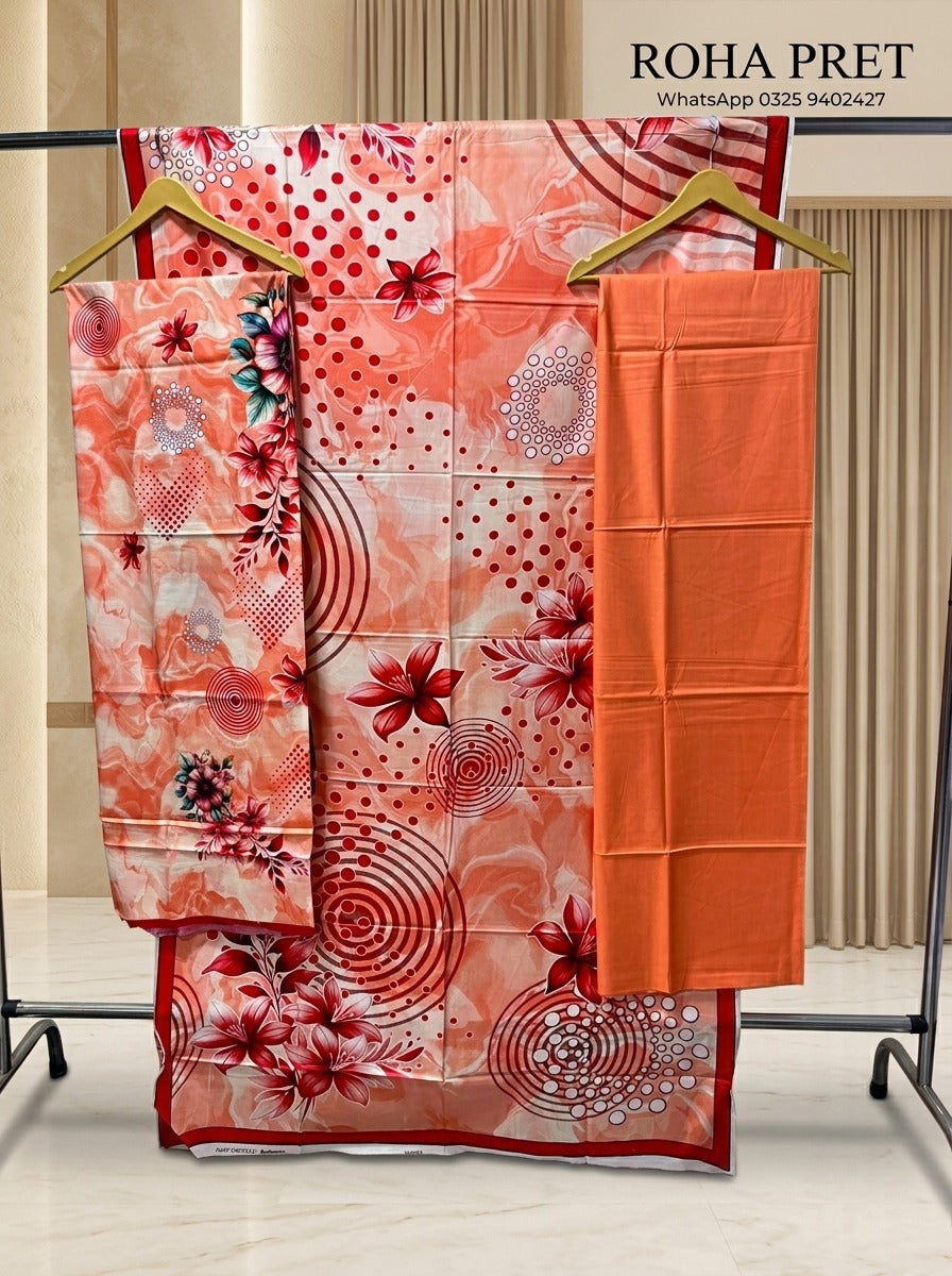 Coral Sunset Luxury Digital Print Unstitched Linen Suit (3-Piece)