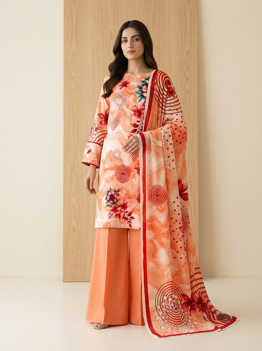 Coral Sunset Luxury Digital Print Unstitched Linen Suit (3-Piece)