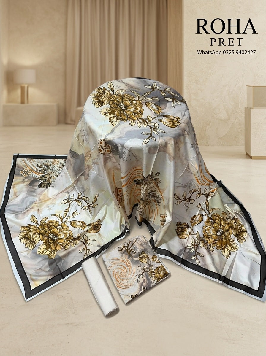 Golden Frost Luxury Digital Print Unstitched Linen Suit (3-Piece)