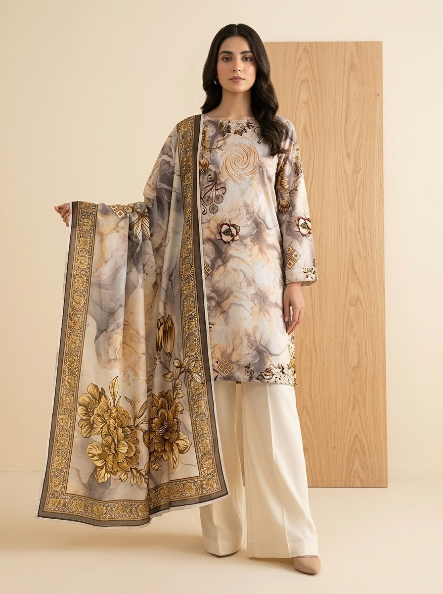 Golden Frost Luxury Digital Print Unstitched Linen Suit (3-Piece)