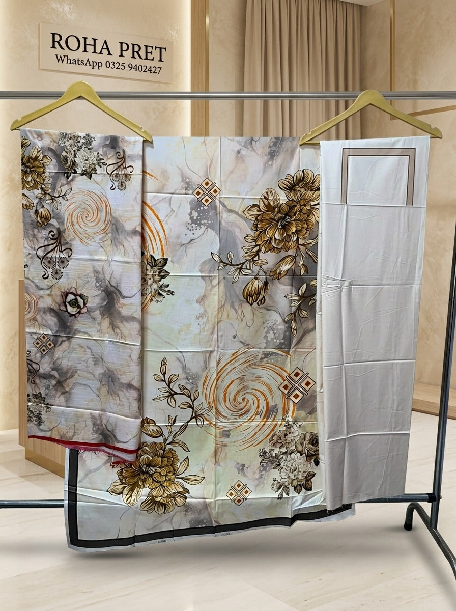 Golden Frost Luxury Digital Print Unstitched Linen Suit (3-Piece)