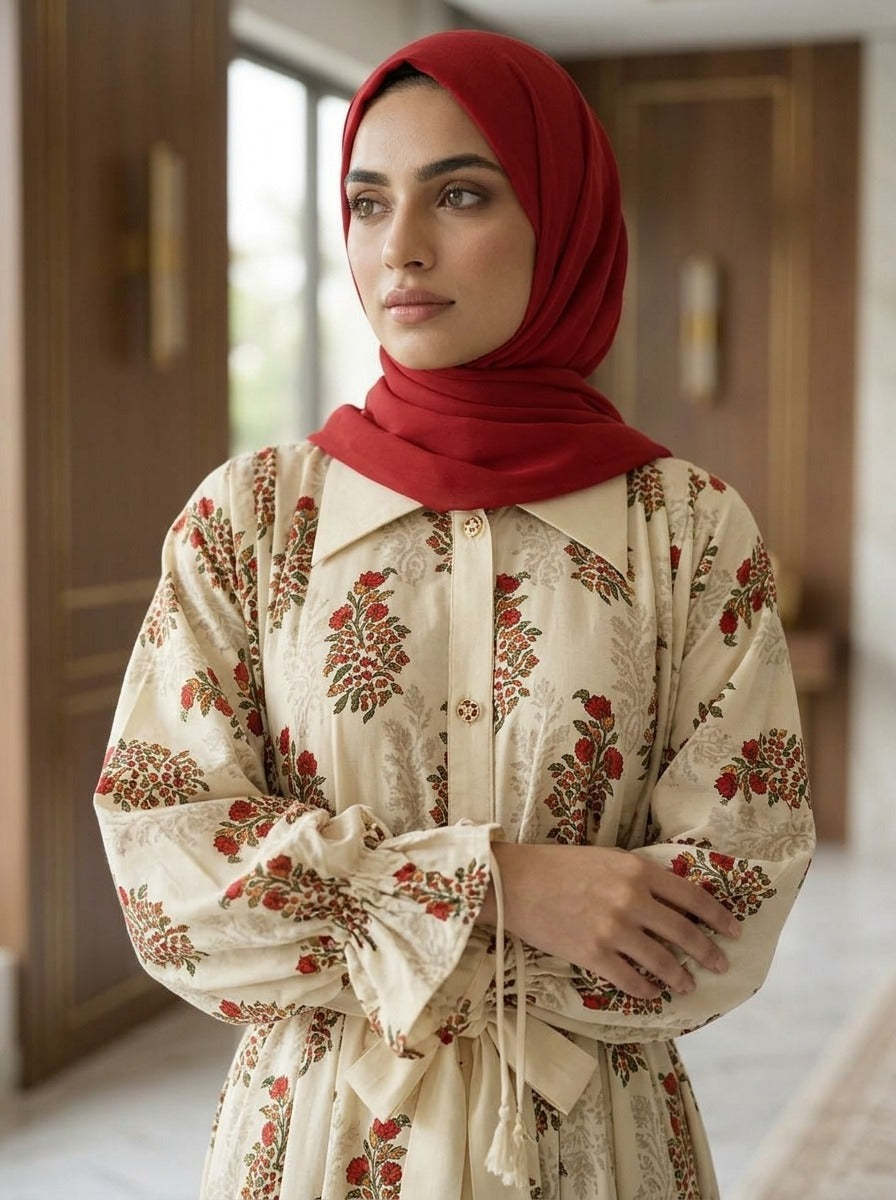 Elegant Cream Floral Printed 2-Piece Frock – Traditional Pakistani Style