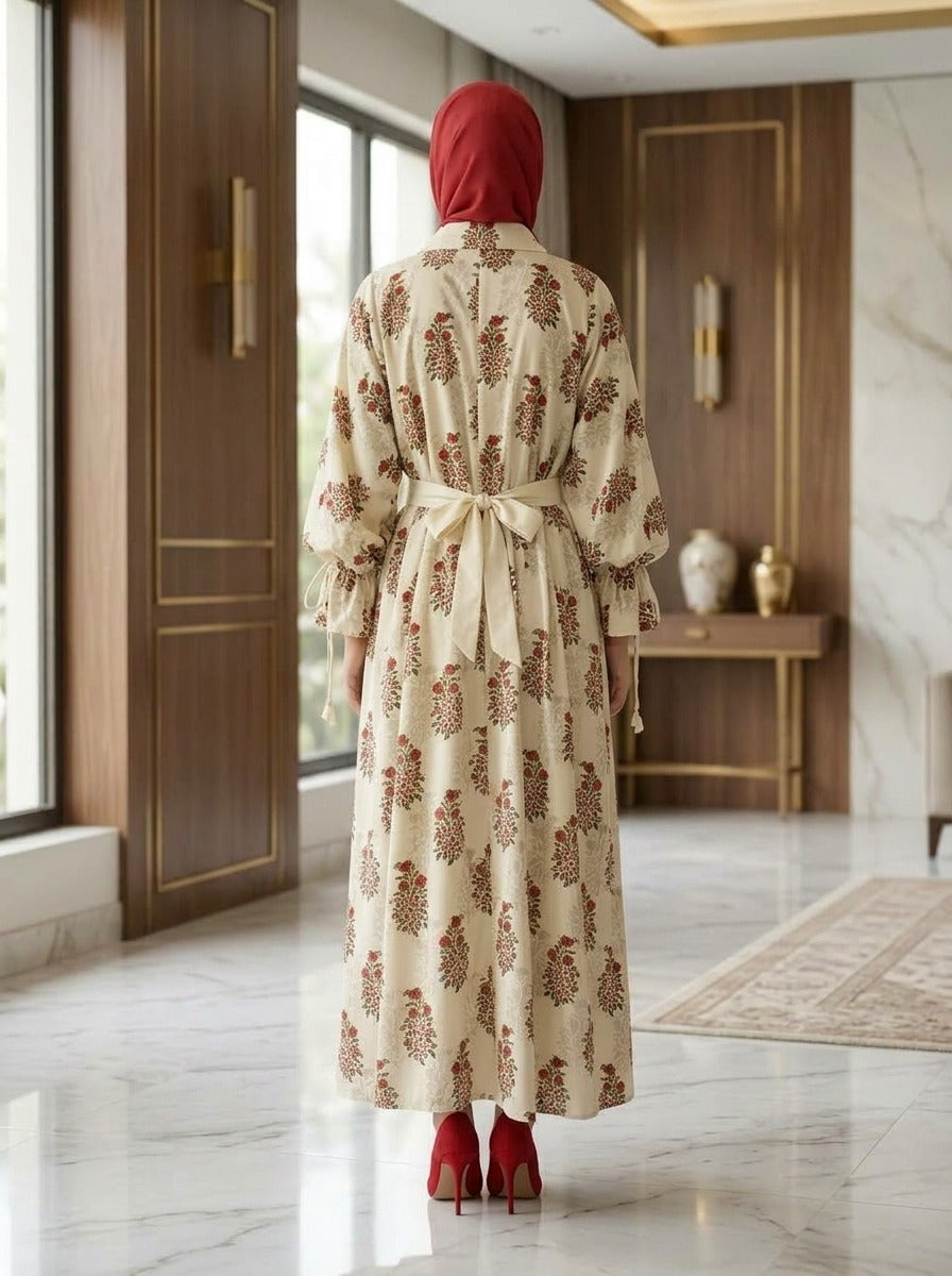 Elegant Cream Floral Printed 2-Piece Frock – Traditional Pakistani Style