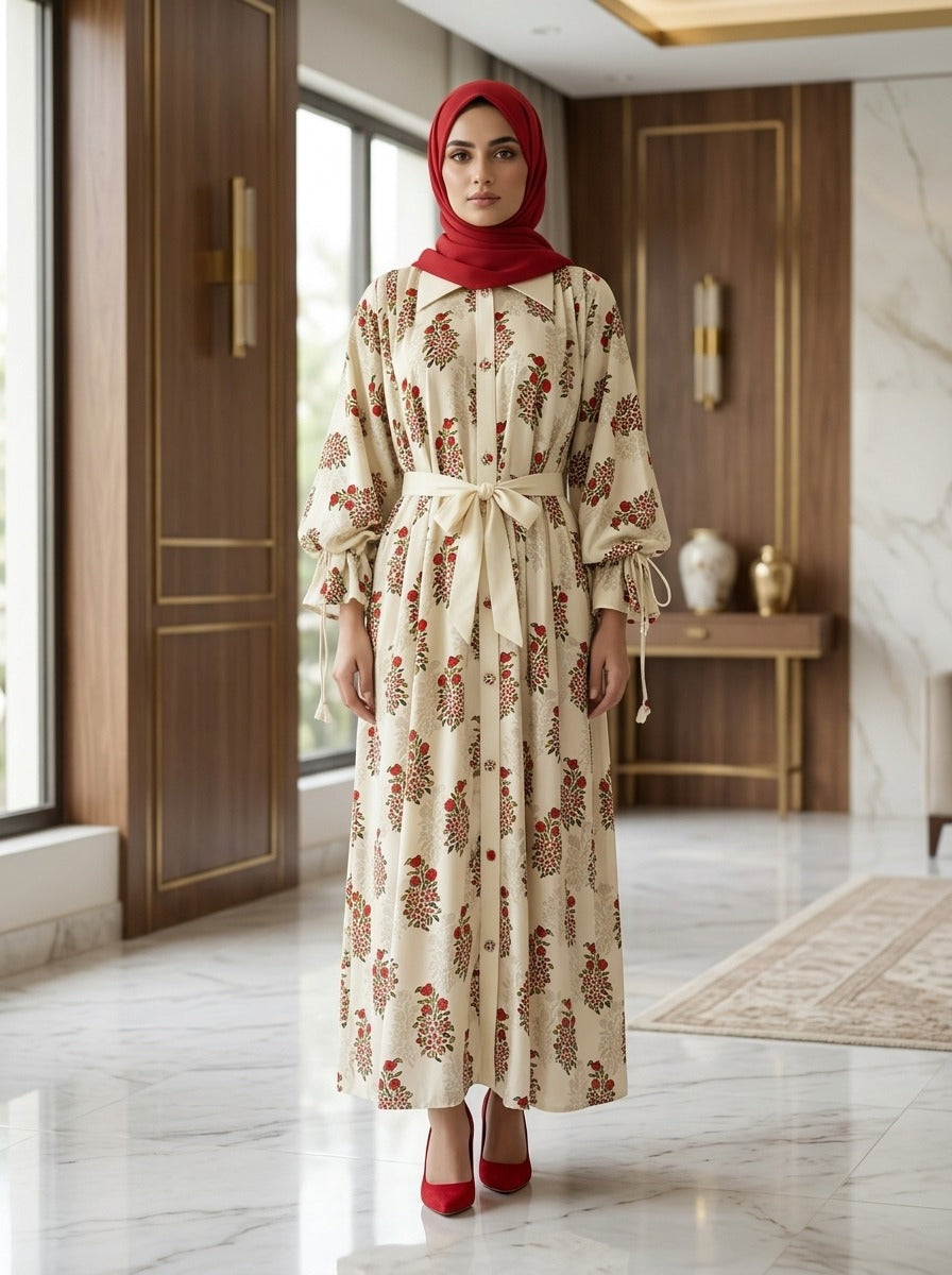 Elegant Cream Floral Printed 2-Piece Frock – Traditional Pakistani Style