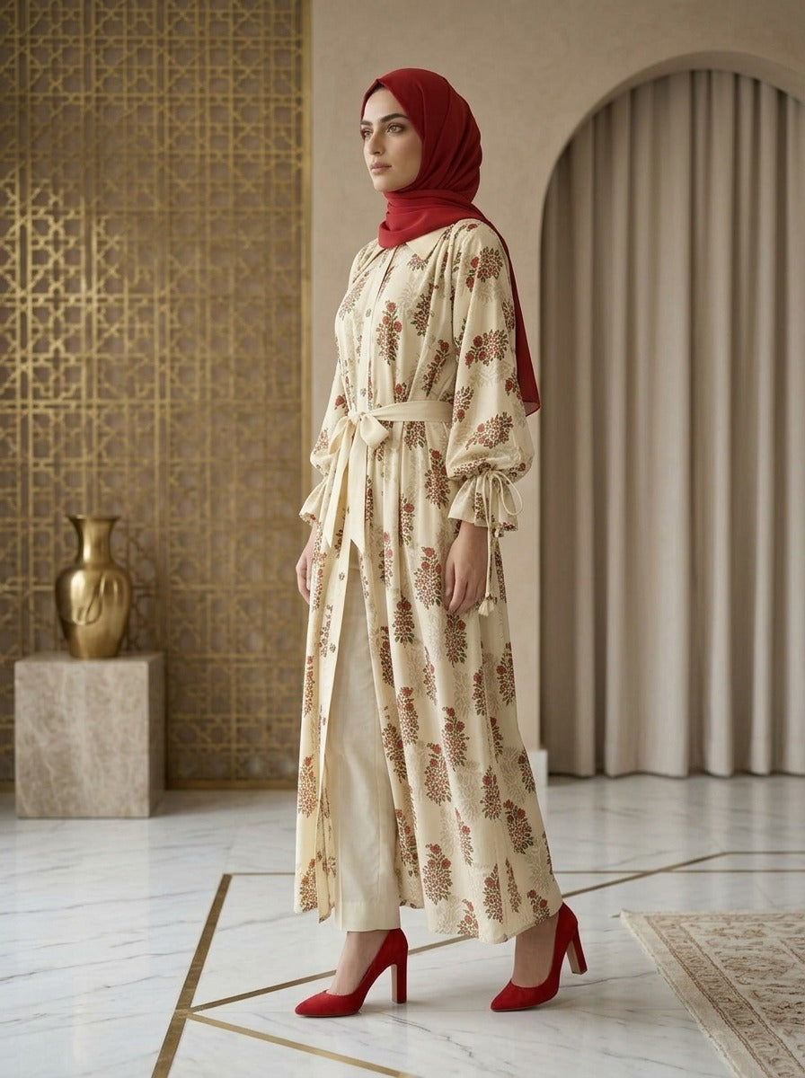 Elegant Cream Floral Printed 2-Piece Frock – Traditional Pakistani Style