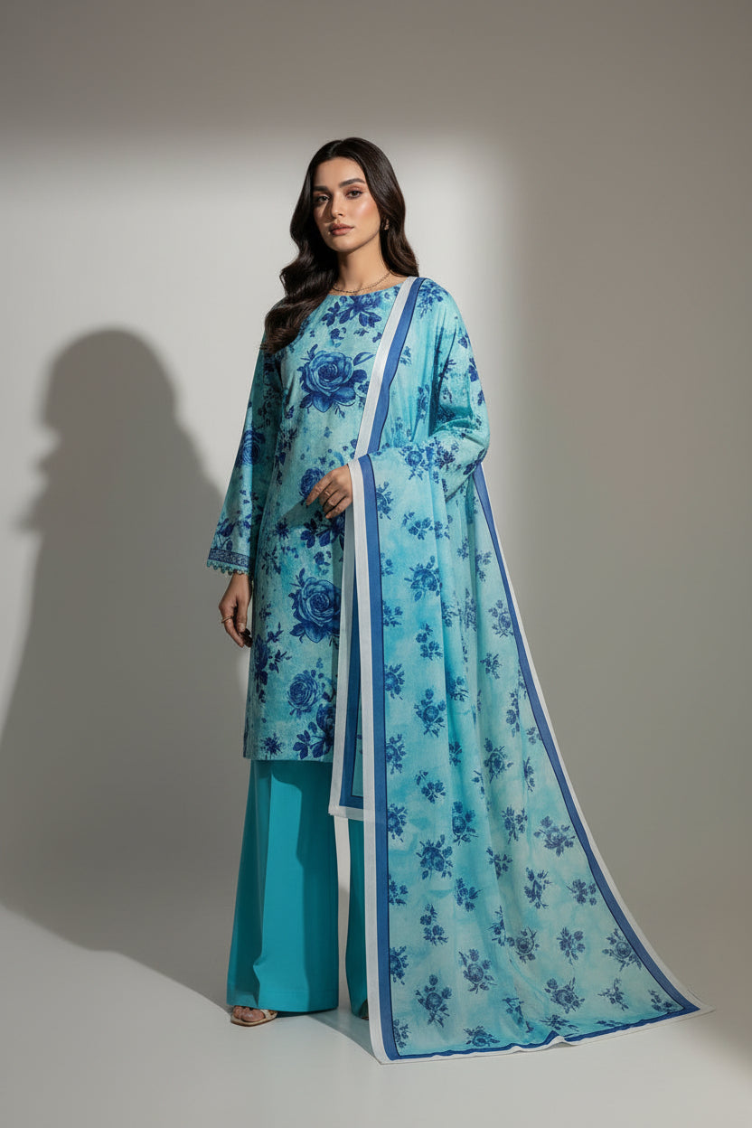 A woman models a three-piece traditional outfit consisting of a light blue and turquoise watercolor-print kurta, matching wide-leg trousers, and a coordinating printed dupatta with blue floral motifs and a white border, set against a minimalist beige background with a wooden panel.