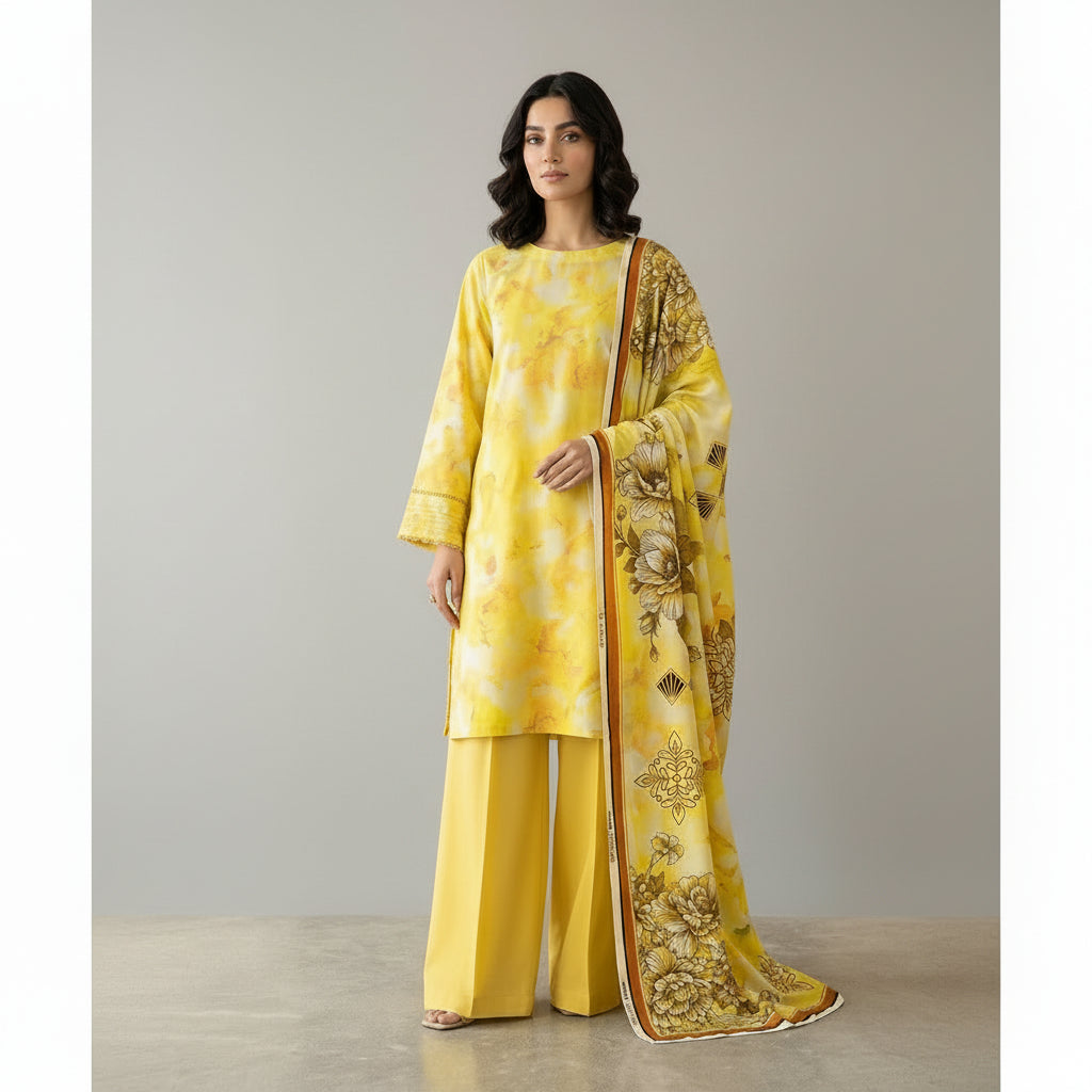 Golden Marigold Luxury Digital Print Unstitched Linen Suit (3-Piece)