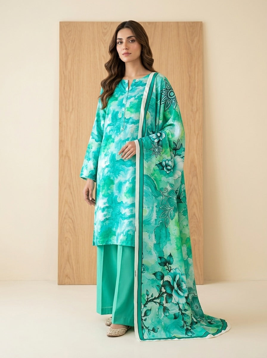 Emerald Tide Luxury Digital Print Unstitched Linen Suit (3-Piece)