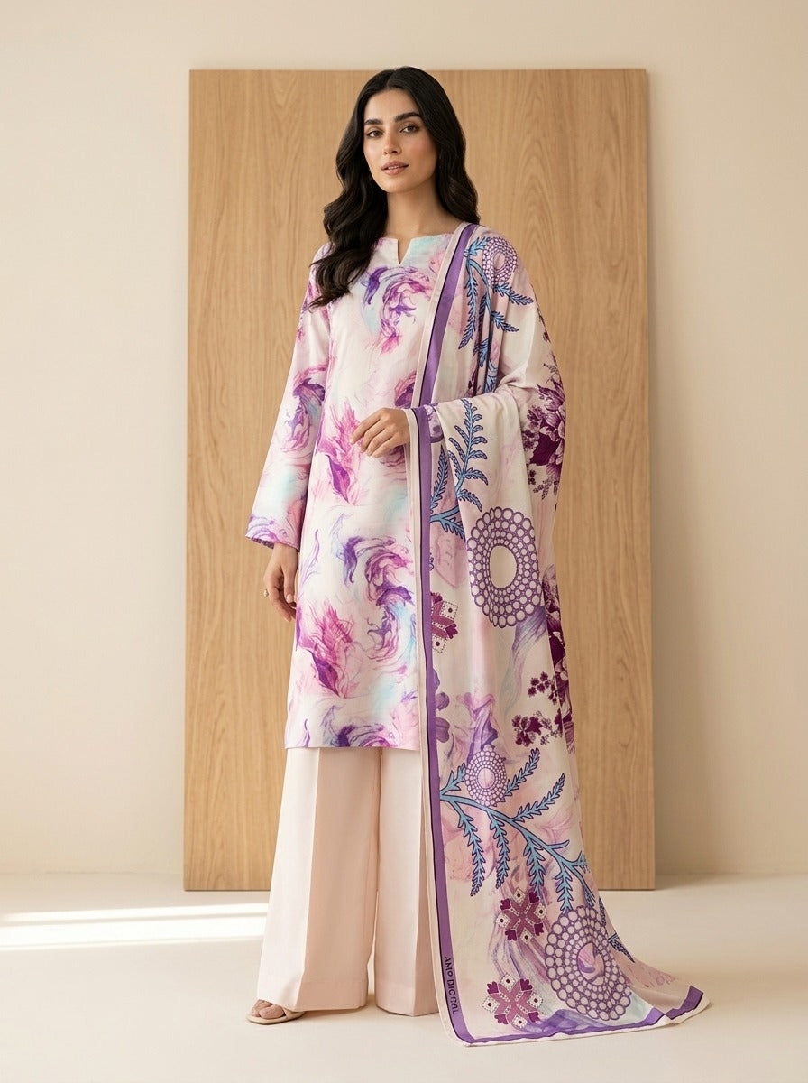 Lilac Whisper Luxury Digital Print Unstitched Linen Suit (3-Piece)