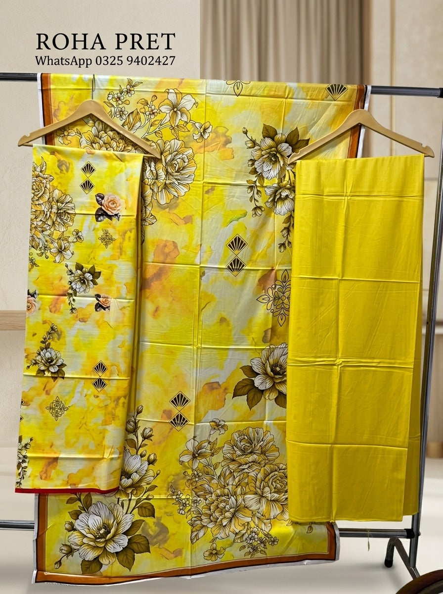 Golden Marigold Luxury Digital Print Unstitched Linen Suit (3-Piece)